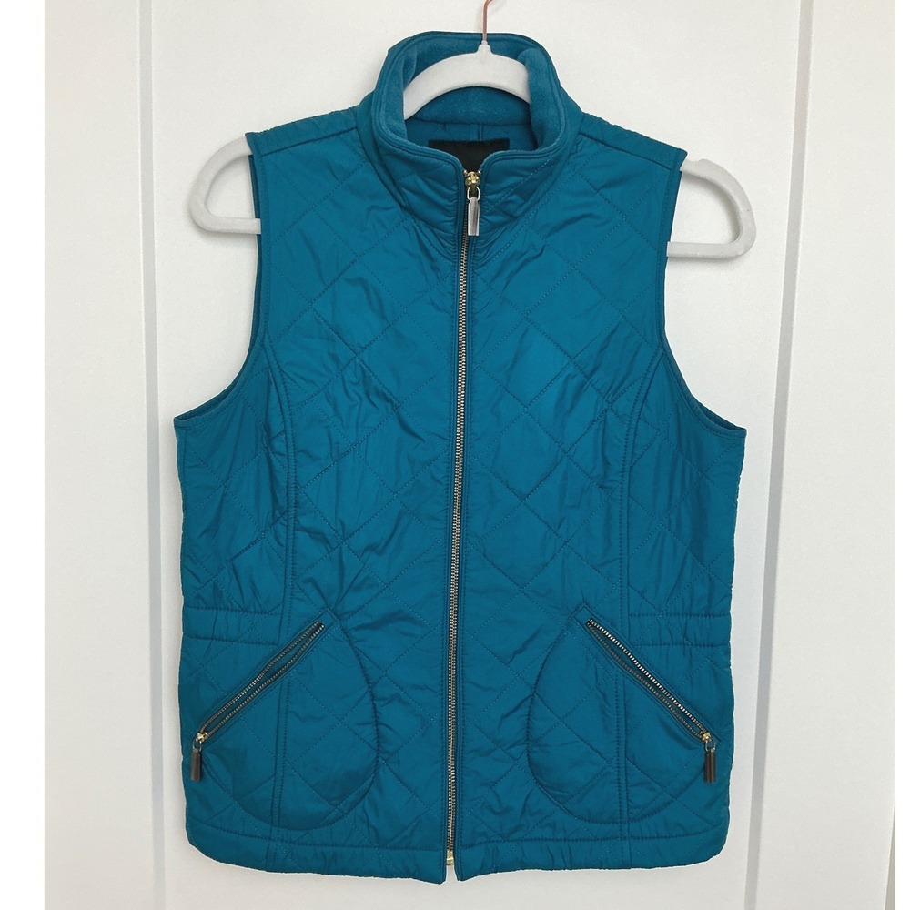 Talbots Fleece Lined Quilted Vest Full Zip Teal Blue Pockets XS EUC